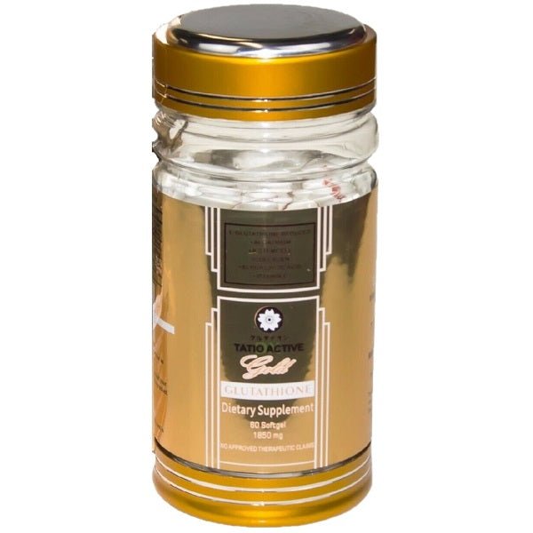 Tatio Active glutathione softgel bottle with gold cap and clear amber jar