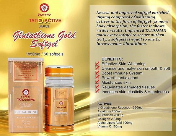 Tatio Active glutathione gold softgel bottle and product box, gold-and-clear design