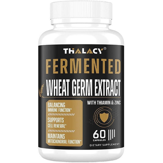White supplement bottle, THALACY Fermented Wheat Germ Extract label, 60 capsules