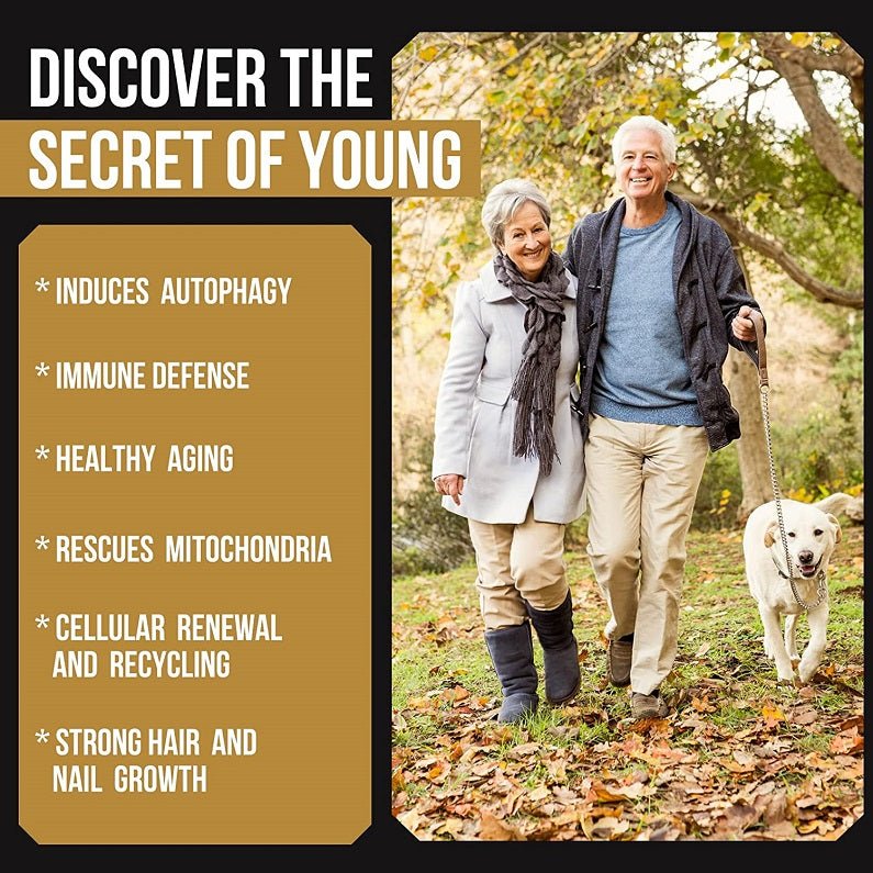 Supplement marketing graphic with an elderly couple walking and youthful aging claims