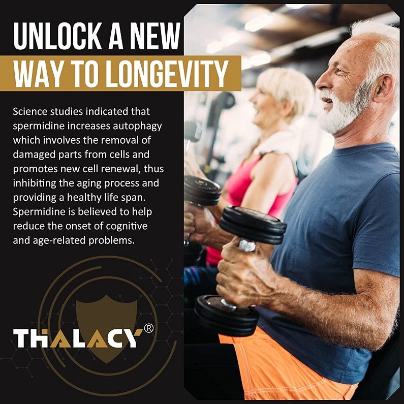 Supplement marketing graphic of an elderly man lifting dumbbells with longevity text