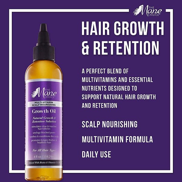 Hair growth & retention oil bottle on purple info card with black dropper