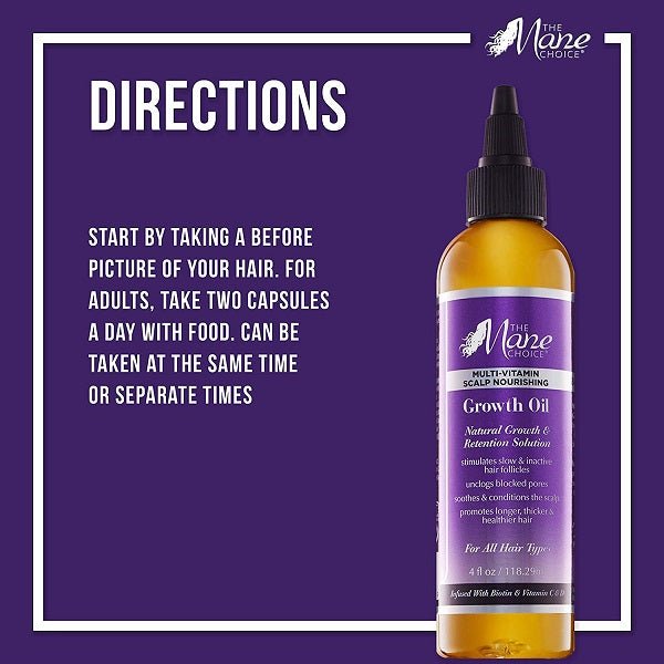 Hair growth oil bottle with purple directions panel and black dropper cap