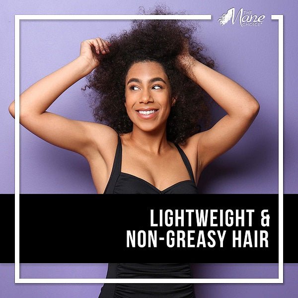 Woman with curly hair touching her head; lightweight non-greasy hair text overlay