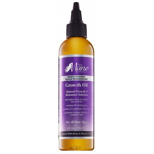 Hair growth oil bottle with black dropper cap, amber glass, purple label