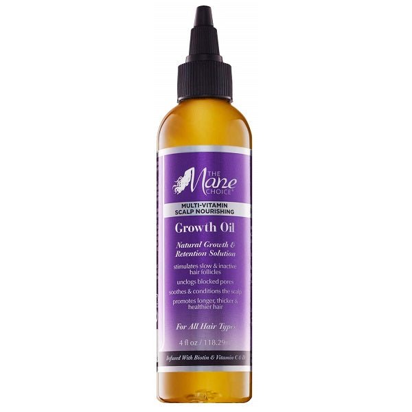 Hair growth oil bottle with black dropper cap, amber glass, purple label