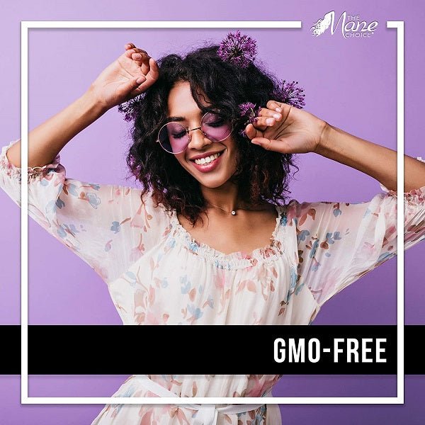Woman with curly hair and glasses, GMO-free text overlay