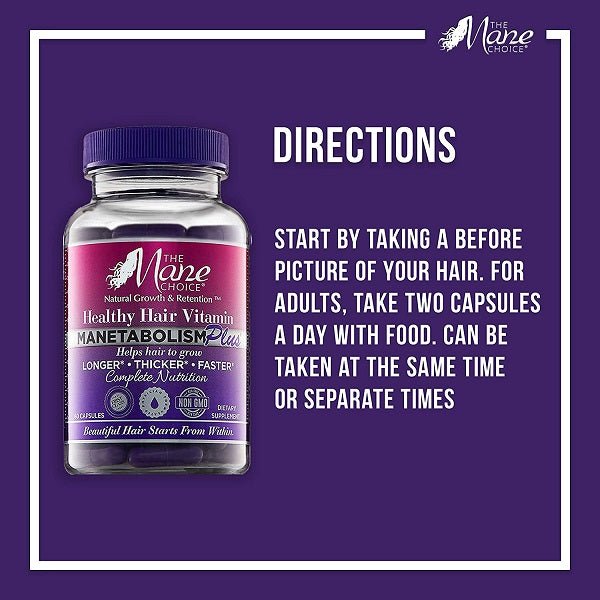 The Mane Choice Manetabolism hair vitamin bottle, directions panel text