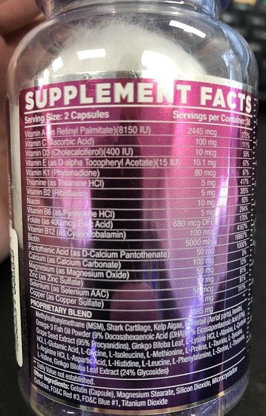 Hair vitamin bottle Supplement Facts label with nutrient and ingredient table