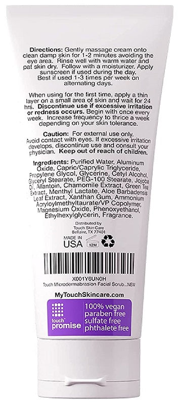 Touch microdermabrasion scrub tube back with directions and ingredient information