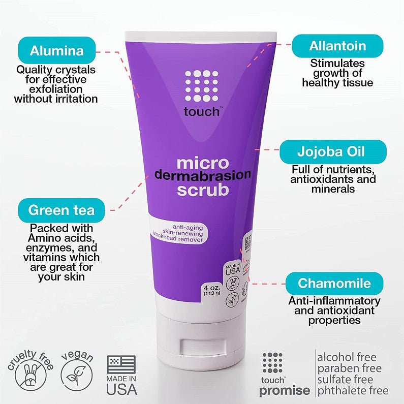 Touch microdermabrasion scrub tube with ingredient icons and product details