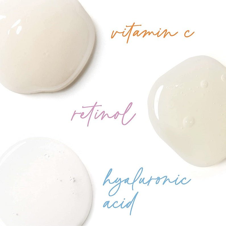 Three white serum swatches labeled vitamin C, retinol, hyaluronic acid