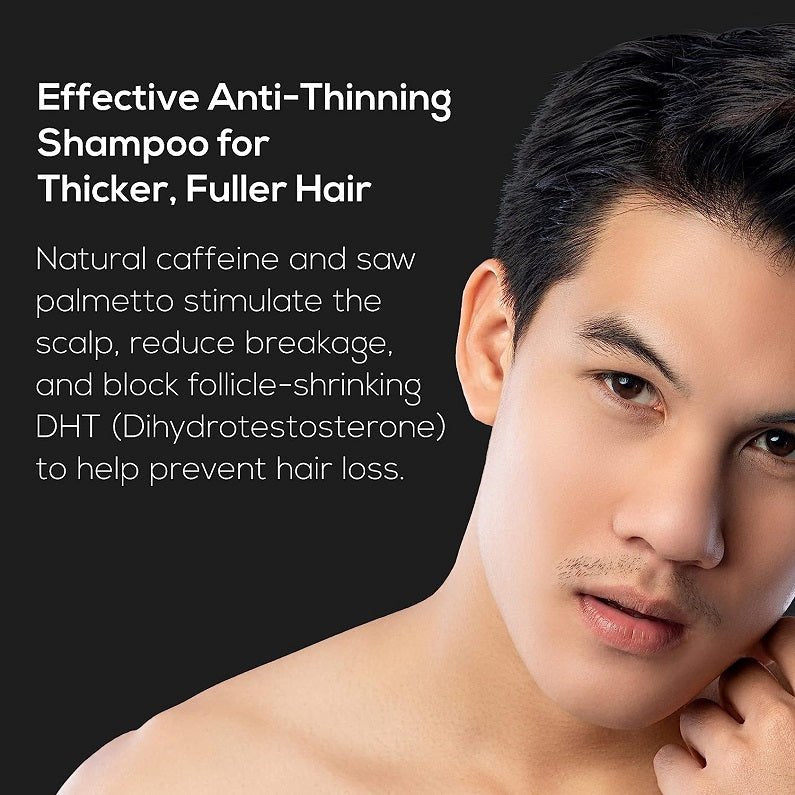 Man model with anti-thinning shampoo benefits text on dark background