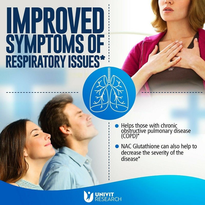 NAC + Glutathione supplement promotional poster with respiratory health icon and Univit logo