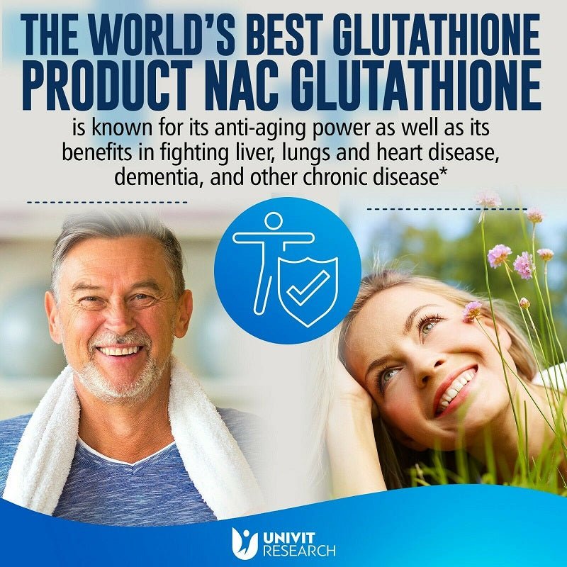 NAC + Glutathione supplement promotional graphic with couple and Univit logo