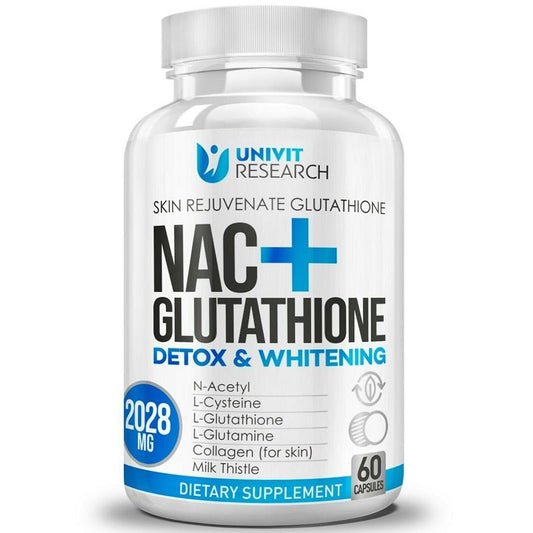 NAC + Glutathione detox & whitening dietary supplement bottle, 60 capsules