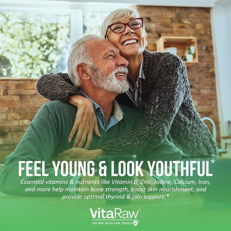 VitaRaw Irish Sea Moss supplement featuring smiling older couple with brand logo