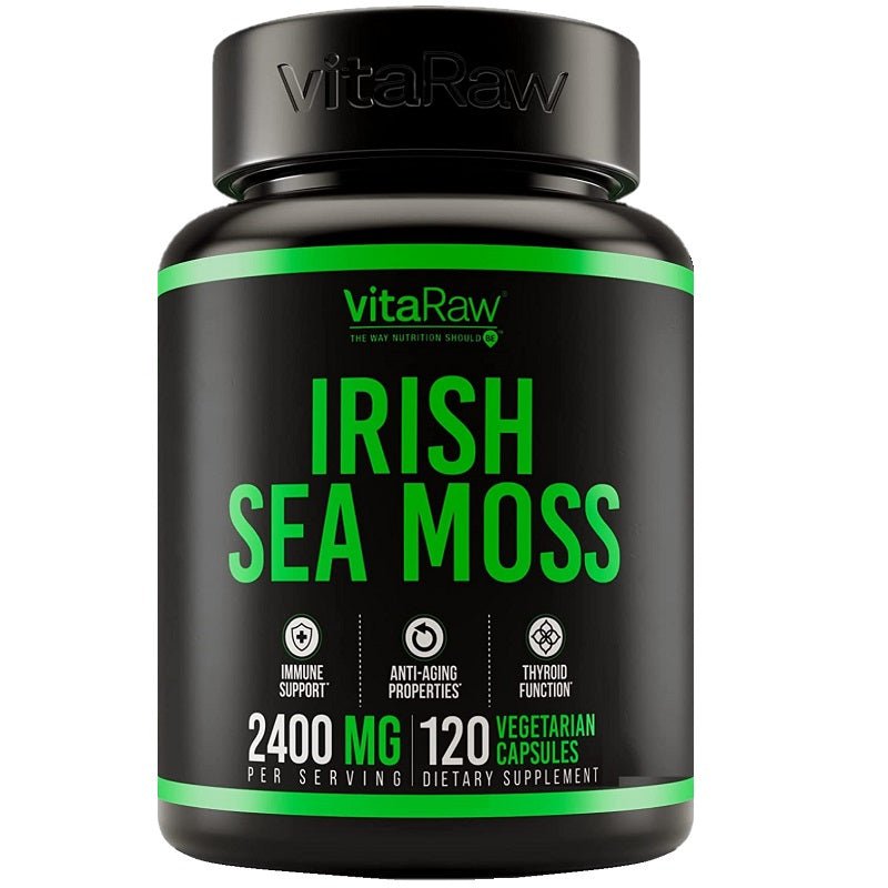 vitaRaw Irish Sea Moss 2400 mg supplement bottle with label, 120 vegetarian capsules