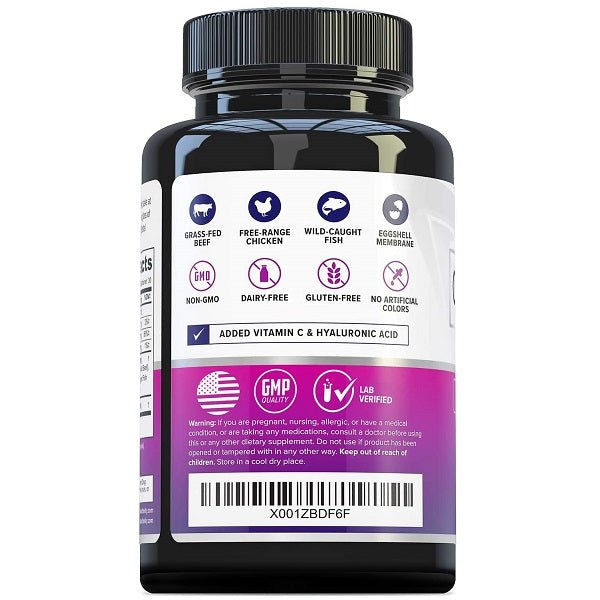 Vitauthority multi collagen capsules bottle back label with ingredient and allergen icons