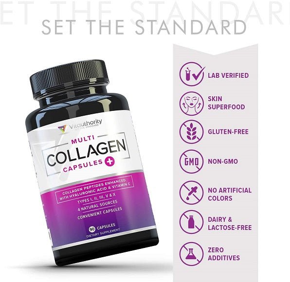 Vitauthority multi collagen capsules bottle with labeled certification and ingredient icons