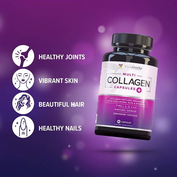 Vitauthority multi collagen capsules bottle on purple background with benefit icons
