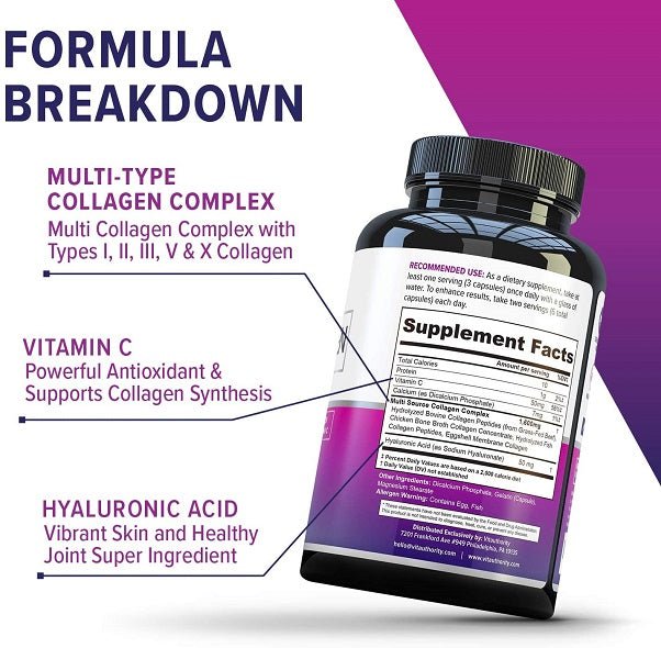 Vitauthority multi-collagen supplement bottle with front label and supplement facts panel