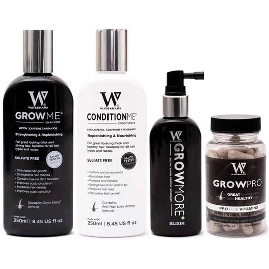 Watermans Full Hair Growth Kit bottles and capsule jar assortment