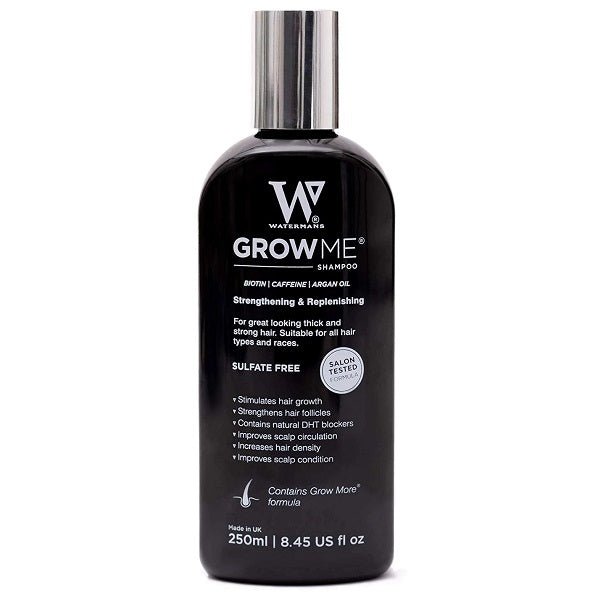 Watermans GROWME shampoo bottle with silver cap, black label
