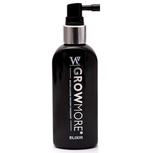 Watermans Growmore Elixir hair elixir bottle with black pump dispenser