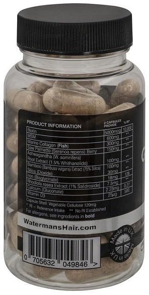 Watermans GrowPro hair vitamin bottle with ingredient panel and barcode