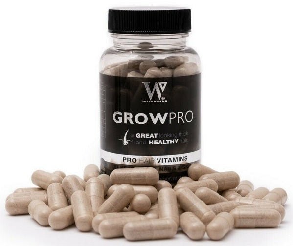 Watermans GrowPro hair vitamin bottle with tan capsules poured in front