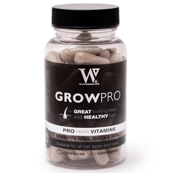 Watermans GrowPro pro hair vitamins bottle with front label and 60 capsules