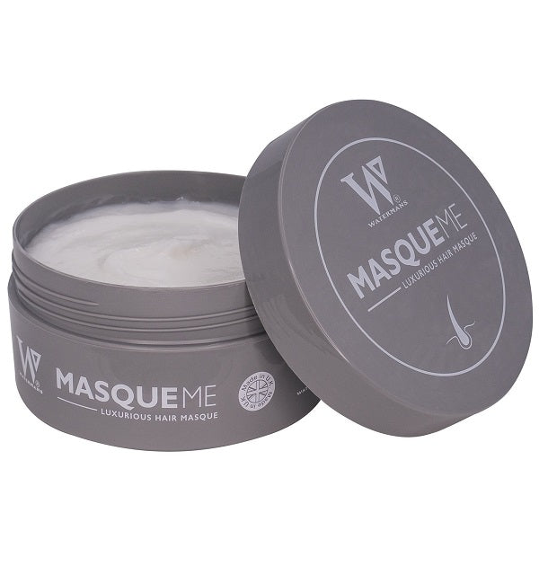 Watermans MasqueMe luxurious hair mask jar with open lid and cream-colored product