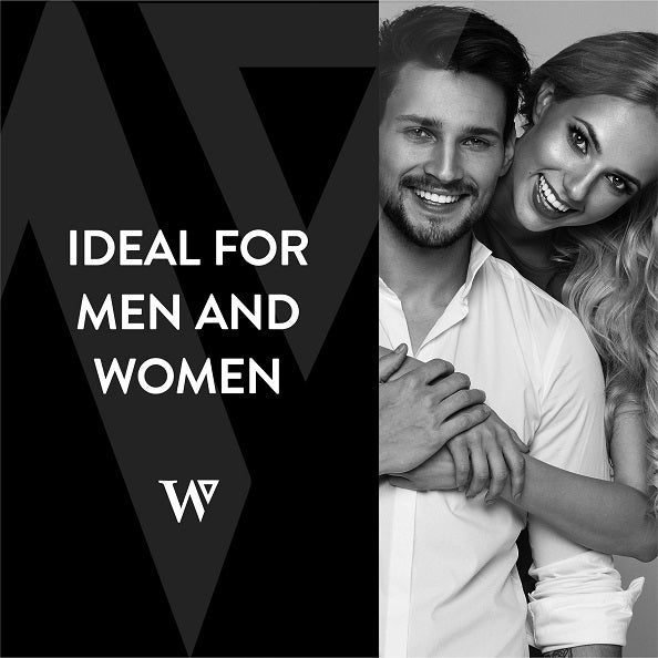 MasqueMe hair masque promotional panel with W logo and couple photo