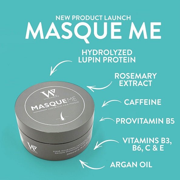 MasqueMe hair masque product launch graphic with jar and ingredient callouts