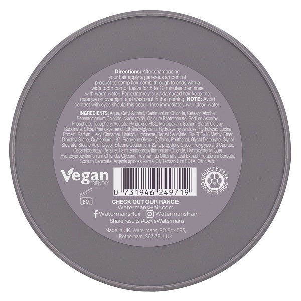 Watermans MasqueMe hair mask back label with directions, vegan badge, barcode