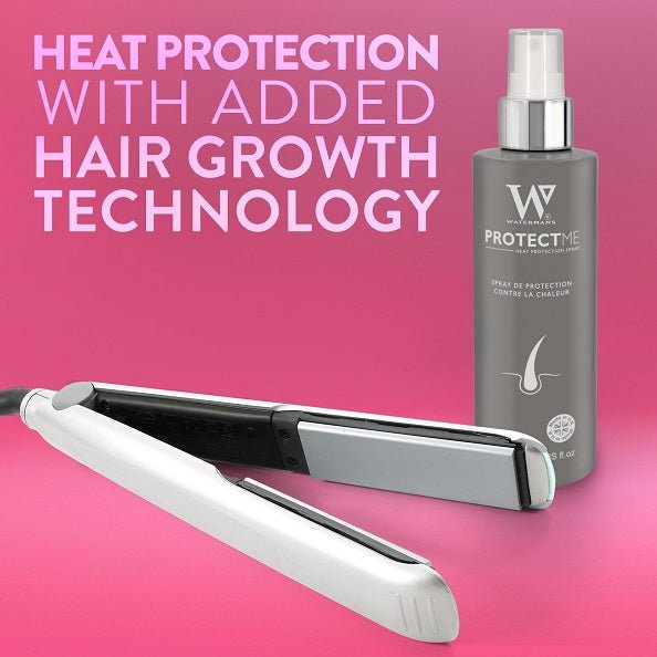 Heat protection spray bottle with silver pump next to a flat hair styling tool