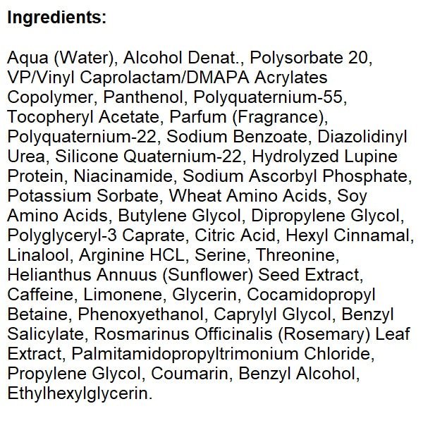 Heat protection spray ingredient list panel