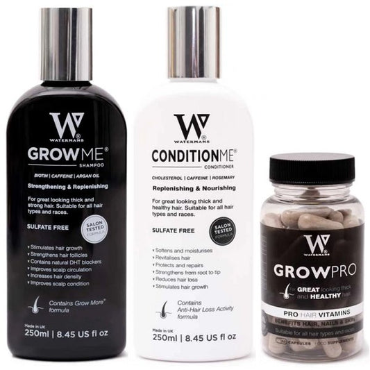 Watermans GrowMore shampoo bottle, dark with silver cap, for strengthening and replenishing