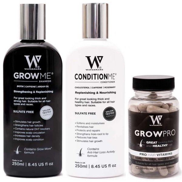 Watermans GrowMore shampoo bottle, dark with silver cap, for strengthening and replenishing