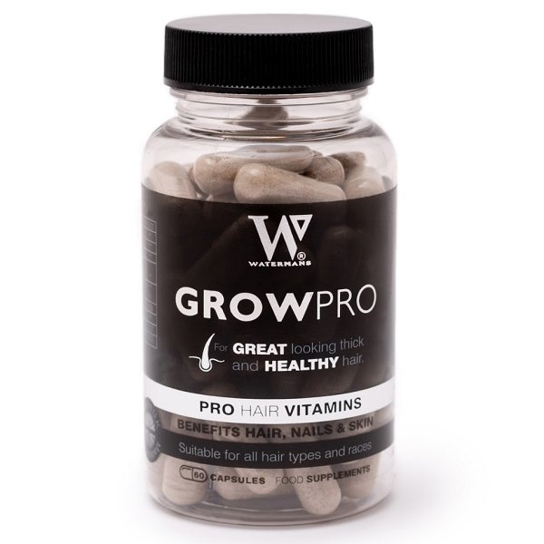 Watermans GrowPro pro hair vitamins jar with black lid, capsules for hair, nails, skin