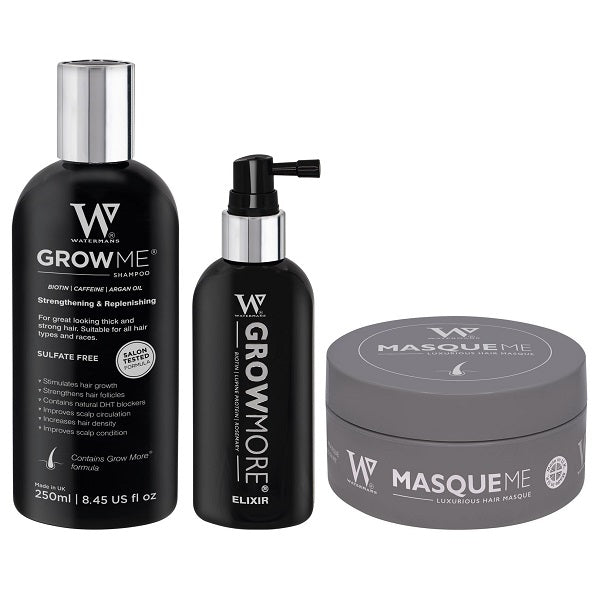 Watermans hair care set: Grow More shampoo bottle, Grow More elixir pump, Masque jar