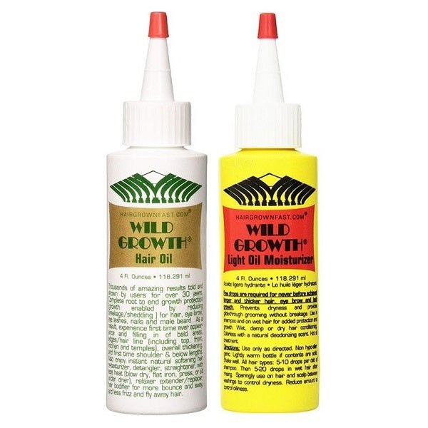 Hair oil and light oil moisturiser bottles with red caps, white bodies, green and yellow labels