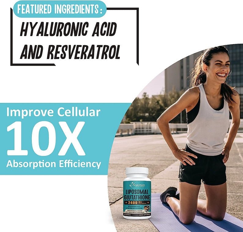 Liposomal glutathione featured ingredients panel: hyaluronic acid and resveratrol