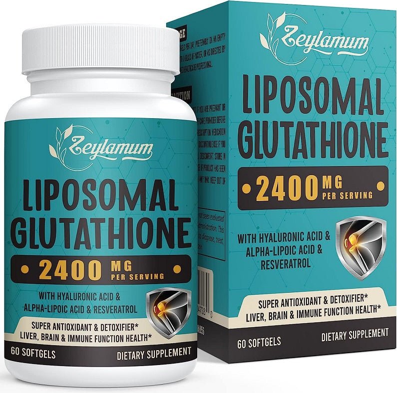 Liposomal glutathione bottle with teal box, 2400 mg per serving, 60 softgels