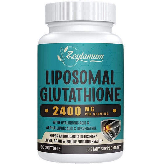 Liposomal glutathione dietary supplement bottle, white cap, 60 softgels, 2400 mg