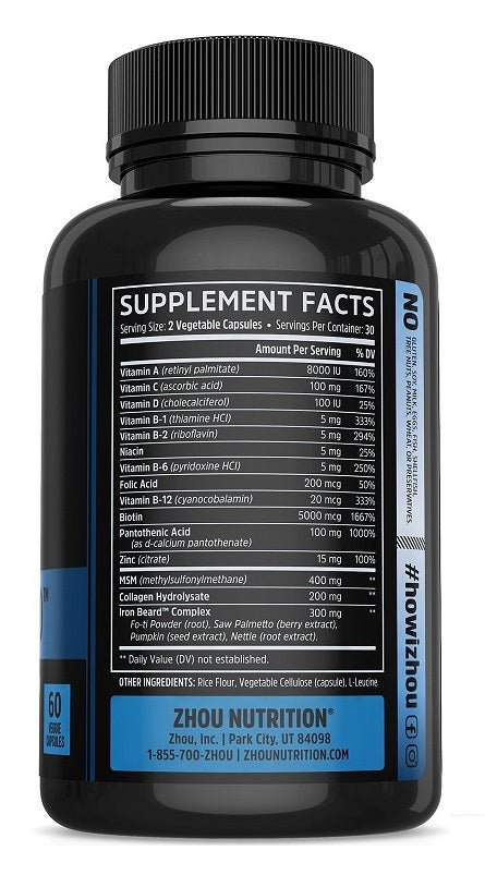 Zhou Nutrition Iron Beard dietary supplement bottle, supplement facts panel on back